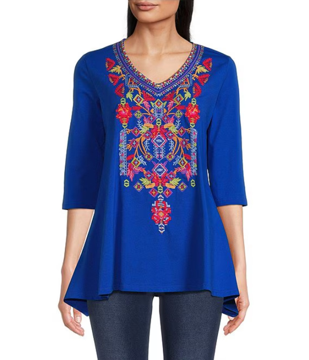 New Calessa Boho Southwestern Embroidered A-Line Tunic Top Shirt Size Medium